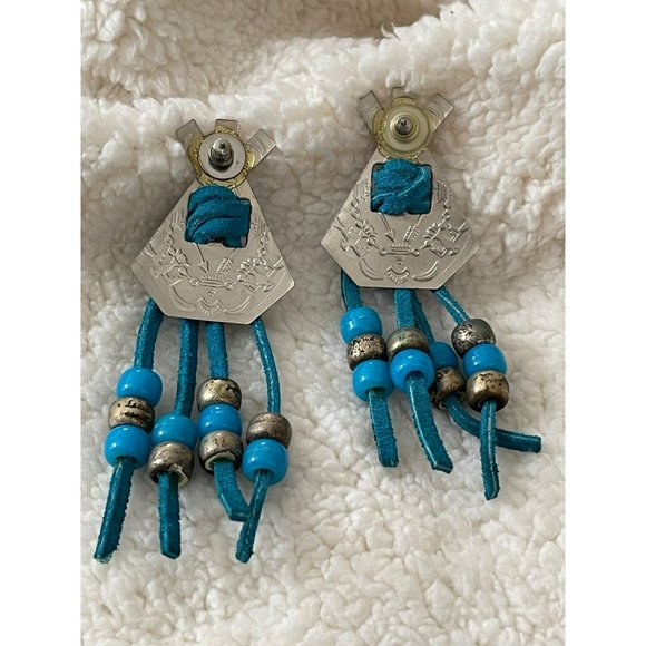Vintage Silver Tone Pony Bead Blue Leather Teepee Pierced Earrings - Picture 5 of 8